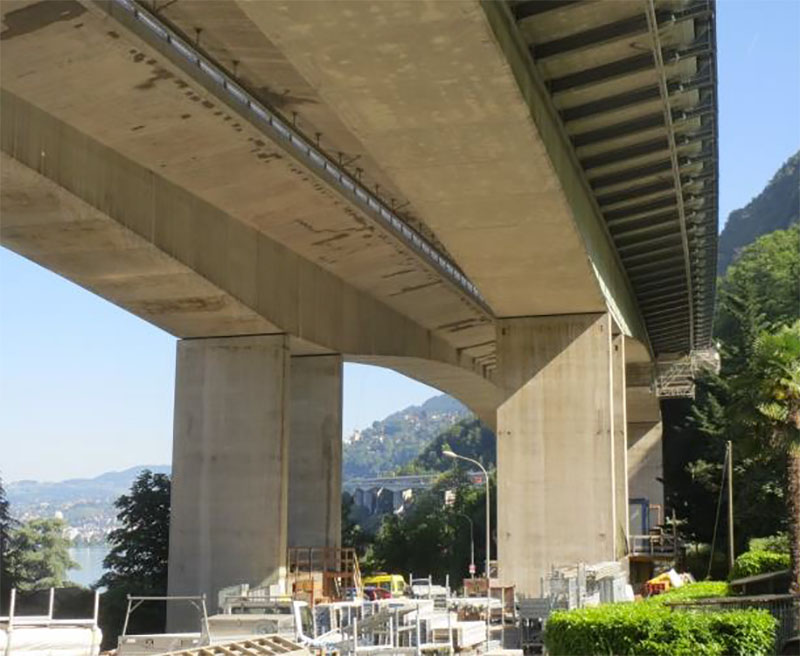 View looking up at the Chillon Viaduct in Switzerland.